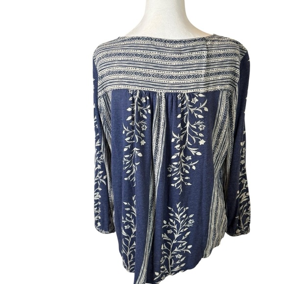 Lucky Brand Womens Linen Blend Peasant Top LG 3/4 Sleeve Navy Blue Boho Hippie - Picture 4 of 10